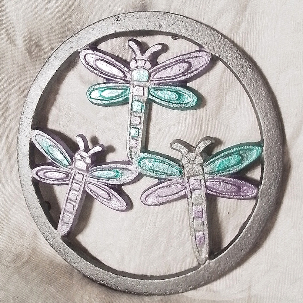 Vintage Metallic Painted Cast Iron Dragonfly Trivet/Pot Holder